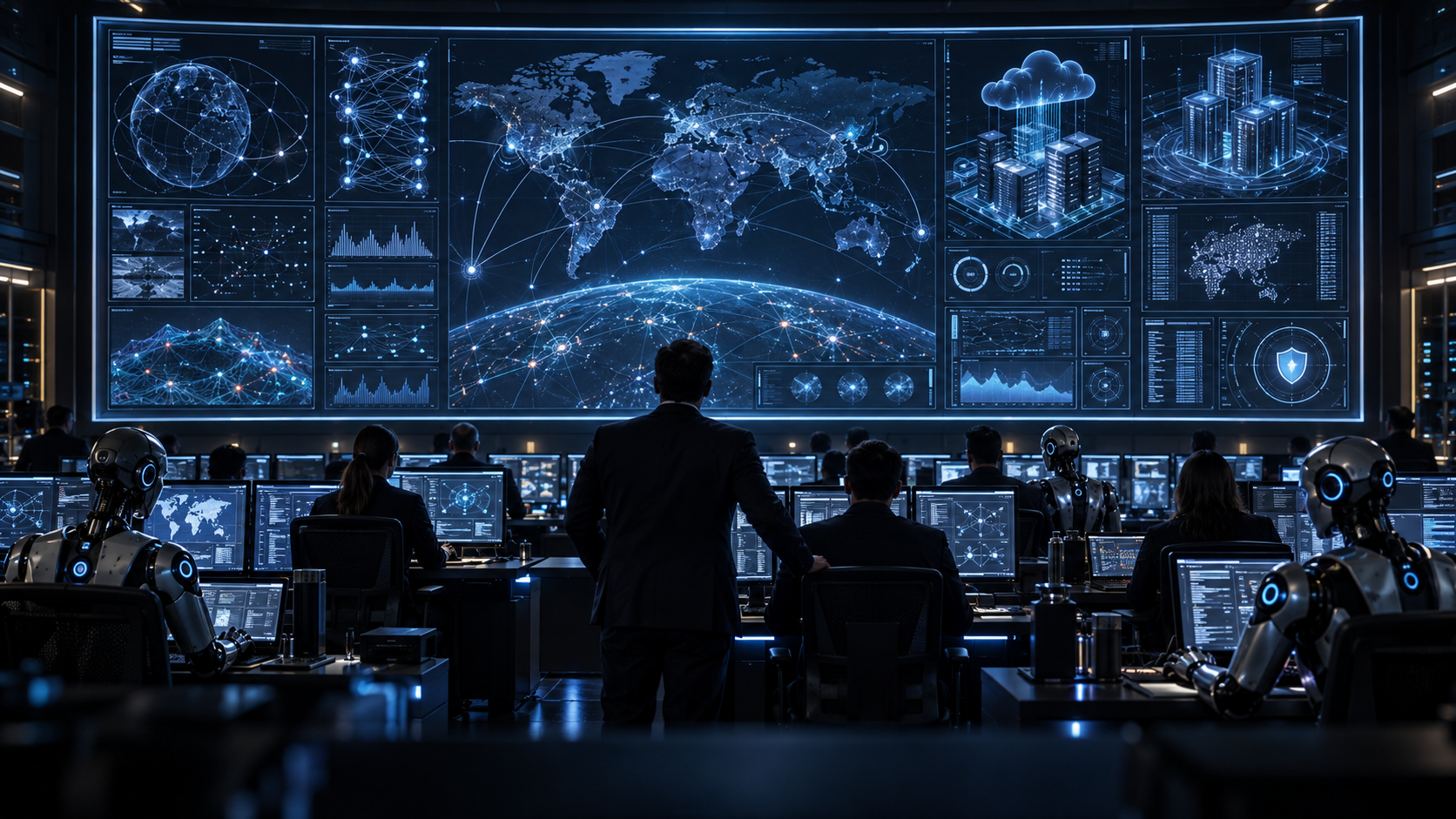 An original cinematic control room: a male supervisor and human analysts oversee three AI robots and a panoramic cybersecurity monitoring wall.