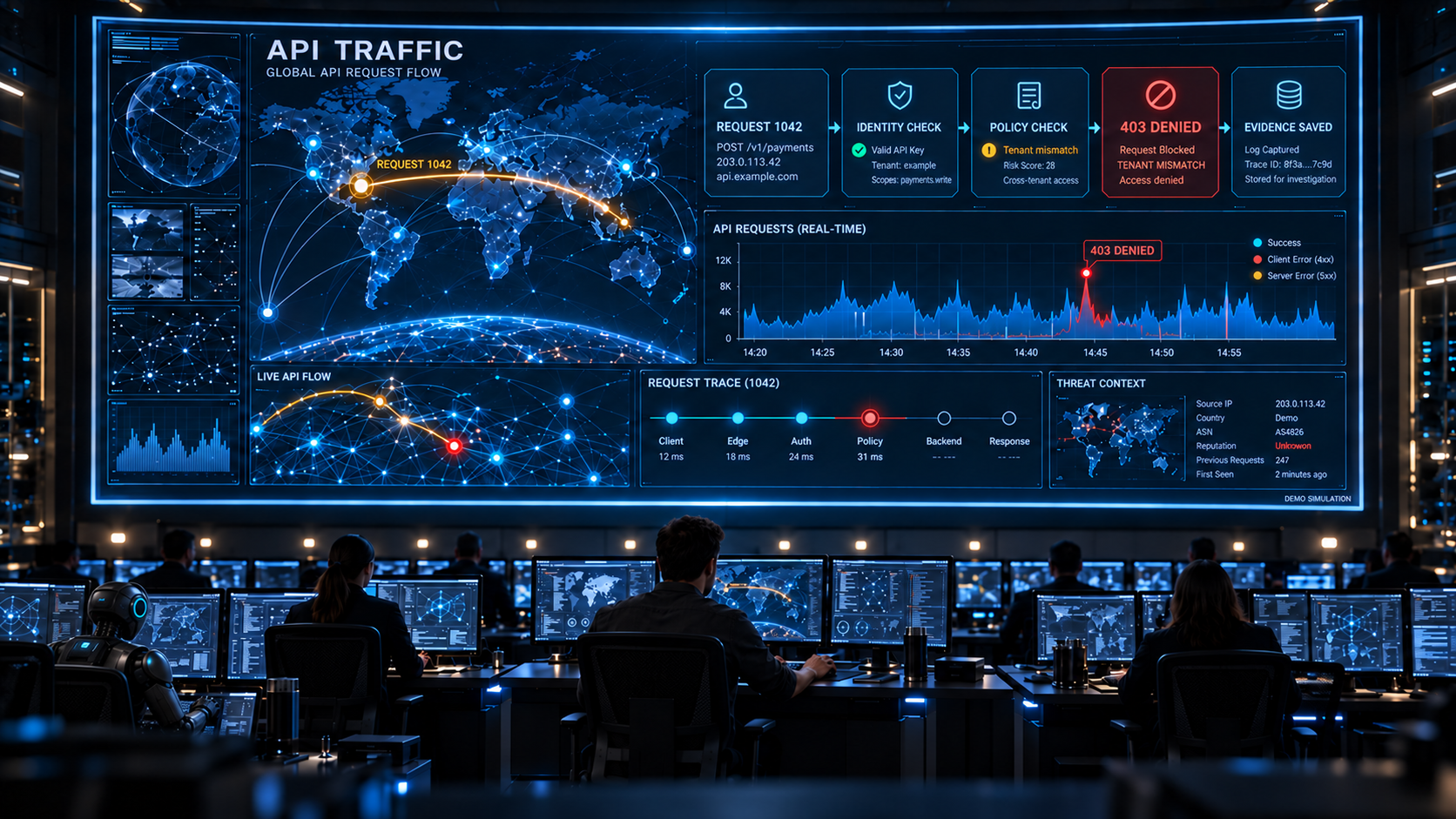 Illustrative wide API control room with a central seated human analyst, supporting analysts at side workstations, and one small seated robot on the left, facing a large API monitoring wall.